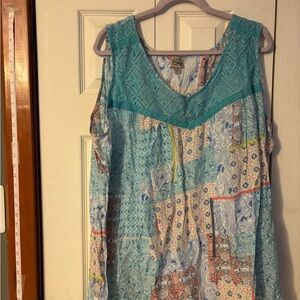 Como Vintage Teal Lace Yoke Patchwork tank top